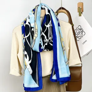 Women stylish blue chain print scarf elegant lightweight fashion neck wrap autumn winter