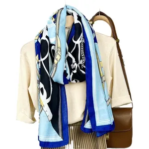 Blue and black geometric belt print fashion scarf for women, elegant casual shawl