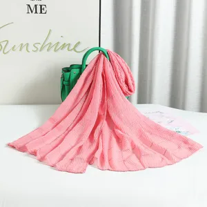 Pink pleated scarf with silver lines, fashion crinkled long shawl for women daily wear.