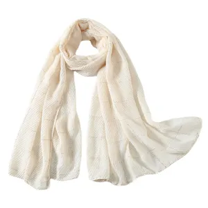 Solid color pleated women scarf with metallic silver threads, elegant long sun protection hijab.