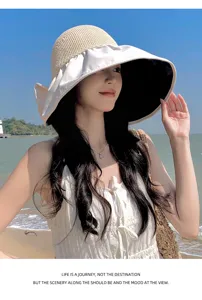 Wide brim sun hat for women summer UV protection beach empty top folding sunhat with bow.
