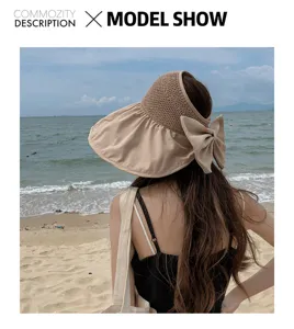 Women summer empty top sun visor hat beige wide brim beach hat with elegant back bow.