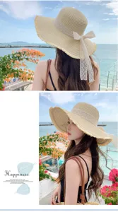 Japanese style fringe straw hat with elegant lace ribbon bow, perfect for seaside beach vacation.