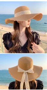 Japanese style frayed straw hat with lace bow ribbon, perfect women sun hat for beach vacation.