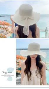 Japanese style frayed straw hat with ribbon bow, perfect for beach vacation and sun protection.