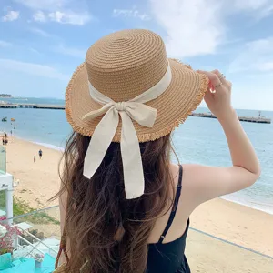 Women's Straw Sun Hat Wide Brim Flat Top Beach Vacation Hat With Ribbon Bow Fringe Summer Casual Fashion Sunhat
