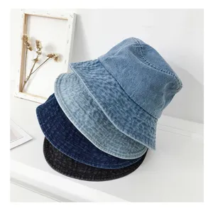 Unisex Wide Brim Denim Bucket Hat Casual Sun Protection Hat Vintage Washed Cotton Fisherman Cap For Summer Outdoor