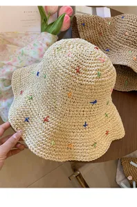 Womens straw sun hat bucket hat with colorful embroidery for summer beach outdoor travel vacation.