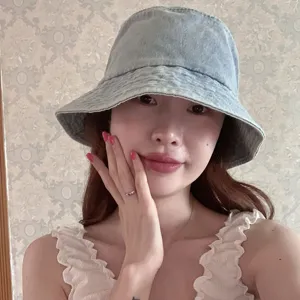 Korean style wide-brim denim bucket hat for sun protection, spring and summer casual wear.