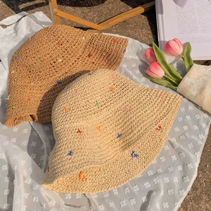 Women Straw Sun Hat Summer Beach Wide Brim Foldable Straw Woven Hat with Blue Bowknot Vacation Fashion Travel Headwear