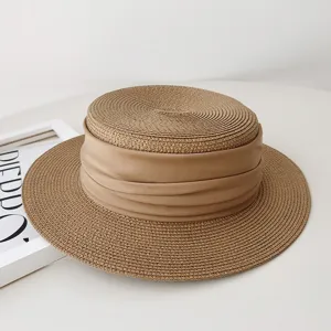 French flat top straw hat summer sun protection wide brim casual sun hat elegant beach hat