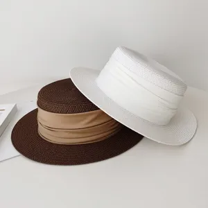 French flat top straw hat summer sun protection casual wide brim sunhat for women stylish beach cap