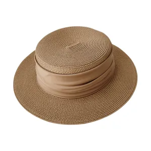 French flat top straw hat for women summer sun protection wide brim khaki casual sun hat.