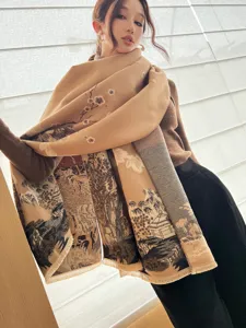 Thick faux cashmere winter scarf for women, elegant Chinese landscape print warm shawl.