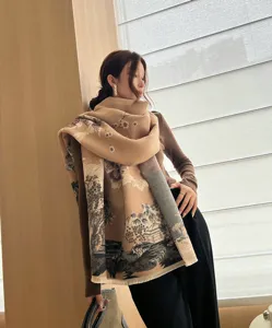 Detailed view of women winter thick warm imitation cashmere scarf with elegant landscape print.