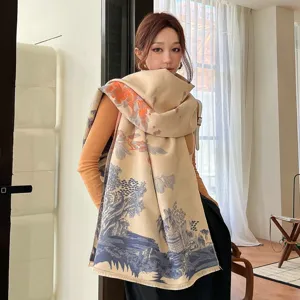 Close up detail view of women autumn winter printed cashmere feel scarf warm shawl.