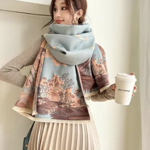 Detail view of the thick winter cashmere-feel scarf featuring elegant landscape art print.
