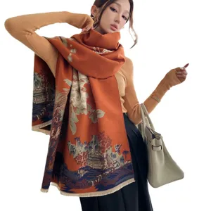 Autumn winter thick imitation cashmere scarf women retro landscape print large shawl warm