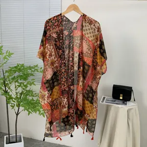 Bohemian paisley patchwork beach kimono shawl, versatile lightweight summer sun protection cover-up.