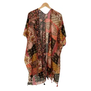 Boho beach cover up kimono shawl for women lightweight vintage patchwork print cardigan top