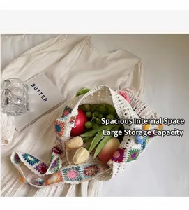 Detailed view of the spacious interior of this floral crochet bag filled with fruits