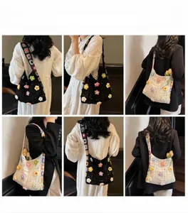 Collage of models wearing colorful crochet sunflower knitted shoulder bags for beach vacation