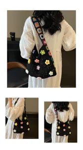 Lifestyle detail showing a black crochet sunflower bag worn by a woman in a white dress.