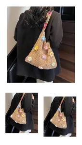 Detailed view of women's handmade crochet shoulder bag with colorful 3D sunflowers