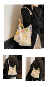 Three views of a white crocheted shoulder bag with colorful flower patterns.