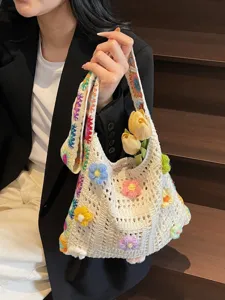 Handwoven crochet sunflower shoulder tote bag for women chic summer holiday beach purse