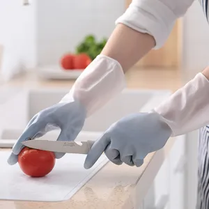 Morandi two-tone household cleaning gloves, waterproof long sleeve kitchen rubber gloves for dishwashing.
