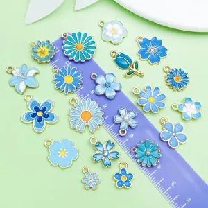 Pendentifs en alliage de fleurs émaillées bleu mélangé pour bracelets colliers DIY 20pcs