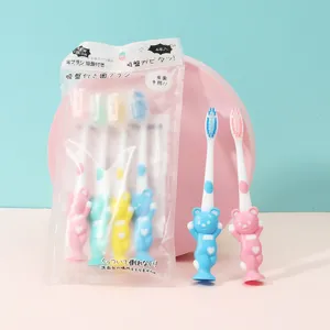 Kids cute bear soft bristle toothbrush with suction cup stand 4pcs set detail view