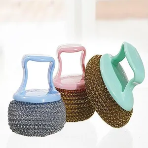Multi-functional kitchen cleaning brush with ergonomic handle and durable wire scrubber for pots.