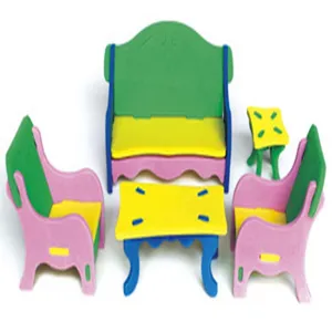 Detailed view of DIY miniature furniture 3D puzzle toy set with colorful sofa and table models.