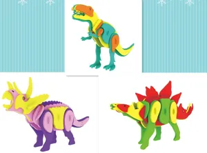 Detailed view of 3D dinosaur puzzle toys, colorful DIY educational models for kids playing.