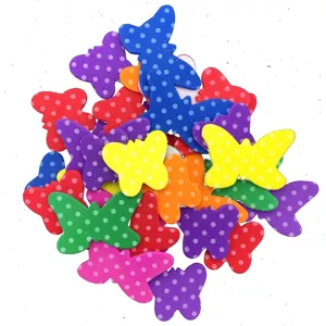 Colorful EVA foam butterfly stickers with polka dots, perfect for kids crafts and DIY decorating.