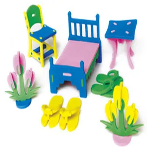 Detailed view of colorful EVA foam 3D puzzle miniature furniture set for creative play.