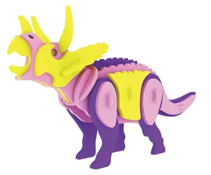 Close-up detail of the colorful 3D triceratops dinosaur puzzle toy, showing clear interlocking pieces.