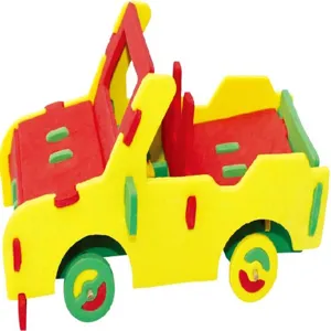 Detailed shot of 3D foam puzzle car model, DIY educational toy for kids hands-on crafting.