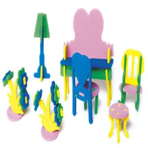 Colorful DIY 3D puzzle furniture toy set, miniature dollhouse model and plant decor.