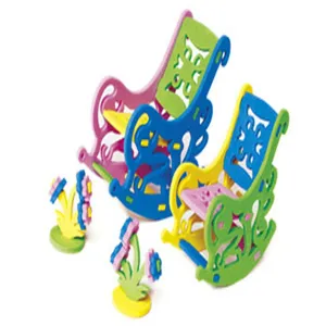 Detailed view of colorful 3D puzzle miniature rocking chairs and flower models for DIY crafts.