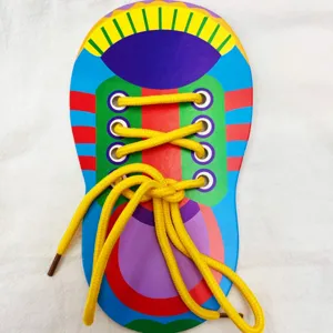 Montessori wooden lacing shoe toy for kids, early learning fine motor skills training tool.