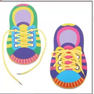 Kids lacing shoe toy educational wooden board for early childhood kindergarten learning.