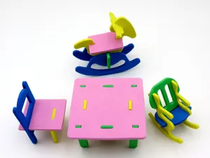 DIY foam 3D puzzle furniture model toy set including table, chair and rocking horse.