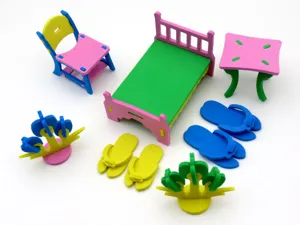 Detailed view of colorful 3D foam puzzle furniture model set, creative DIY assembly craft.