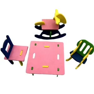 Kids DIY 3D puzzle furniture model toy set, colorful foam table and chair educational play.