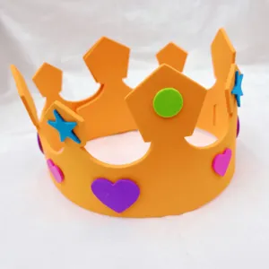 Kids DIY EVA foam crown hat for birthday party, colorful handmade party headwear decoration.