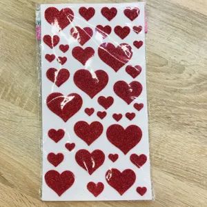 Red glitter heart stickers sheet decorative DIY sparkling adhesive love decals for crafts.