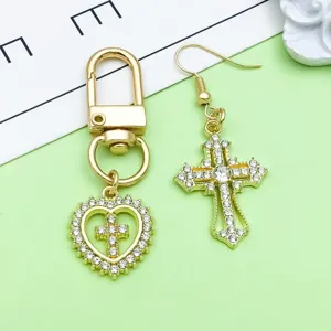 Gold rhinestone cross heart pendant keychain and earring DIY jewelry accessories set